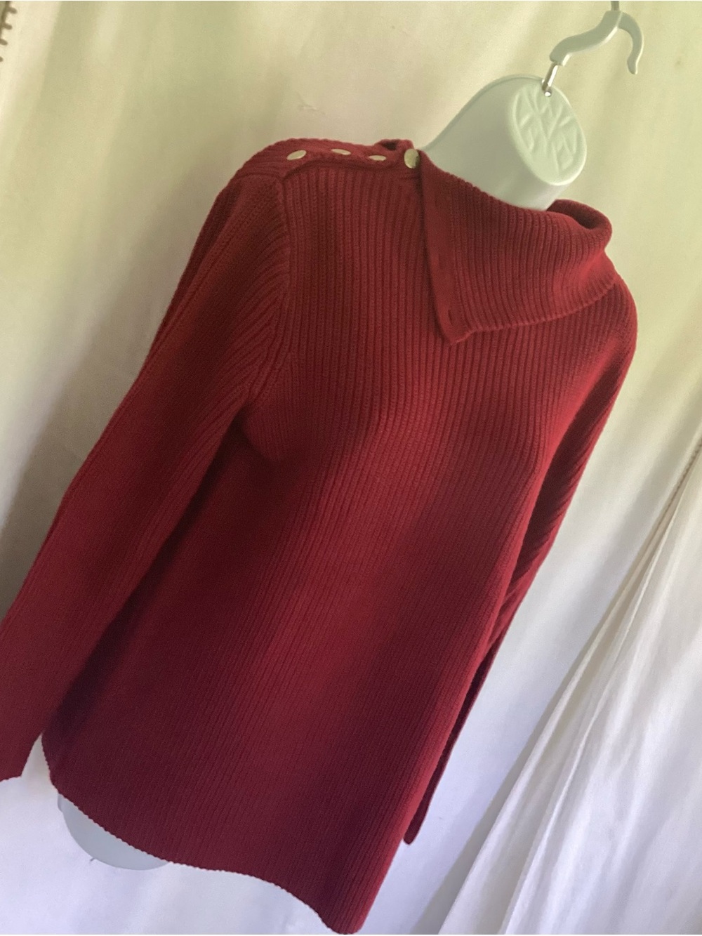 Ralph Lauren Red Ribbed Funnel Neck Sweater with Shoulder Buttons